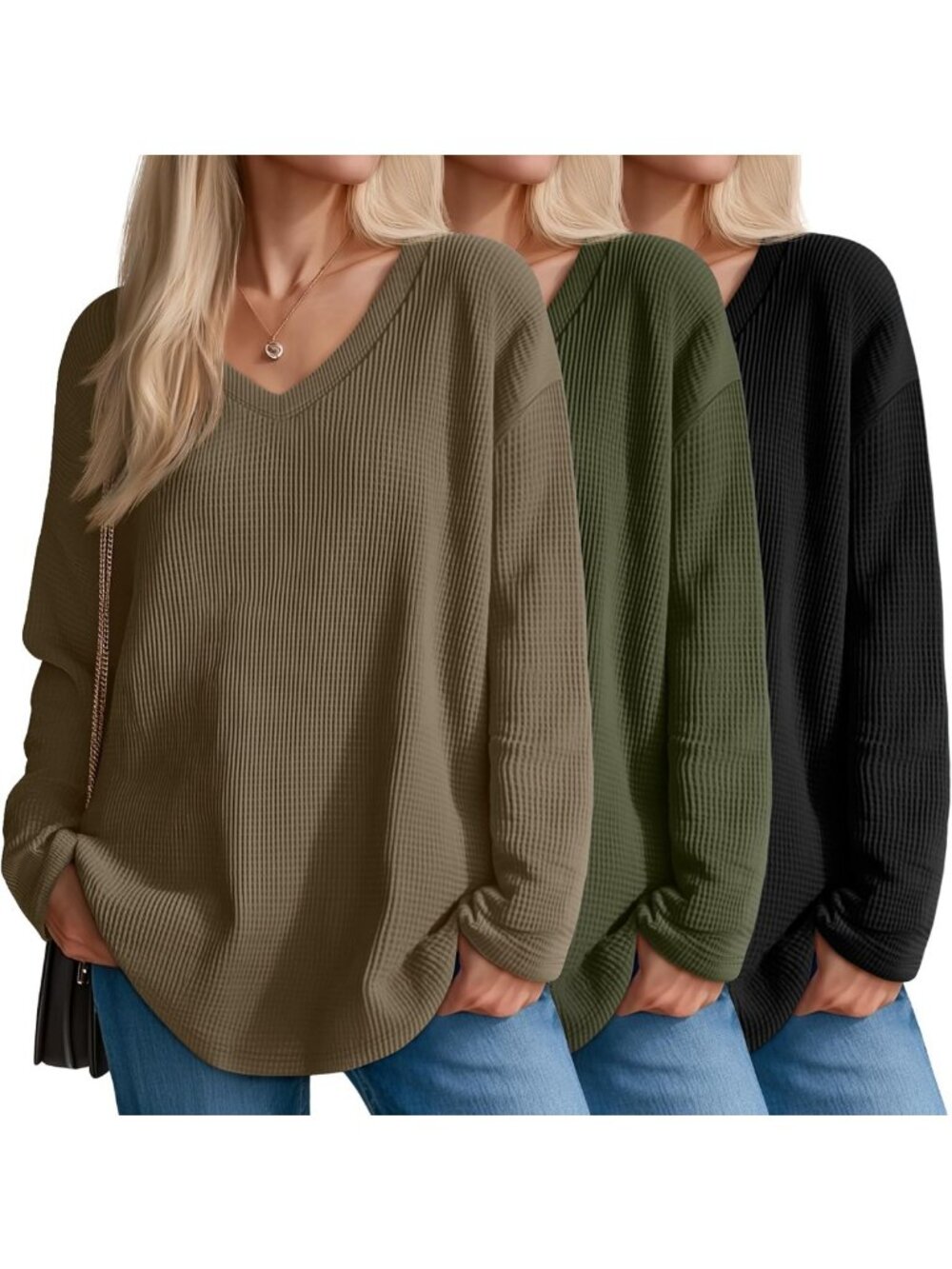 Cozy 3-Pack Women's V-Neck Waffle Knit Sweatshirts - Casual & Comfy Tops